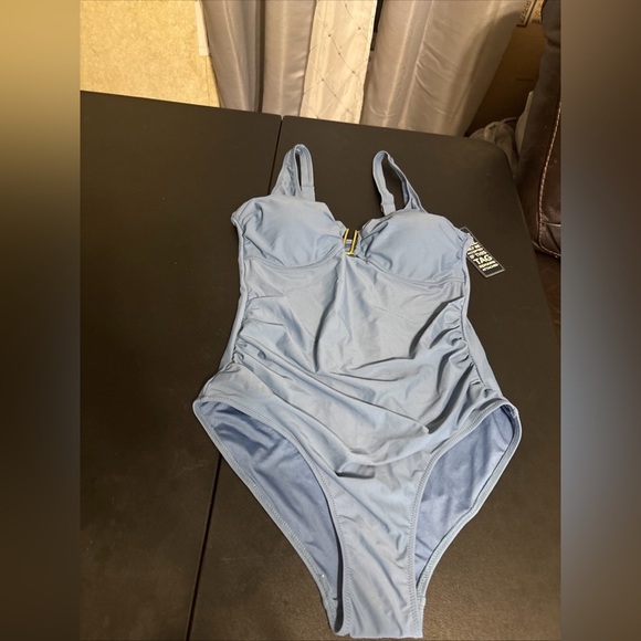 Chic Blue One-Piece Swimsuit with Gold Accent - Picture 8 of 9